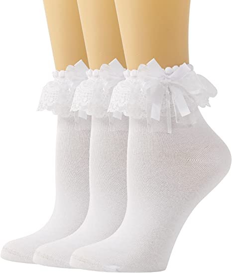 Women Ankle Socks,Lace Ruffle Frilly Comfortable Princess Socks Lace Socks (3 Pairs)