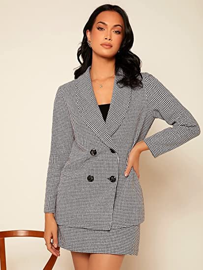 Women's 2 Piece Outfits Houndstooth Double Breasted Blazer and Skirt Suit Set