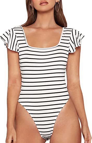 Women's Striped Butterfly Sleeve Tie Back Skinny Bodysuit