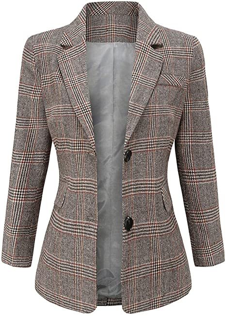 Women's Notch Lapel 2 Button Boyfriend Blazer Suit Houndstooth Plaid Jacket Coat