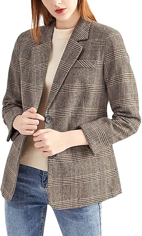 Women's Notch Lapel 2 Button Boyfriend Blazer Suit Houndstooth Plaid Jacket Coat