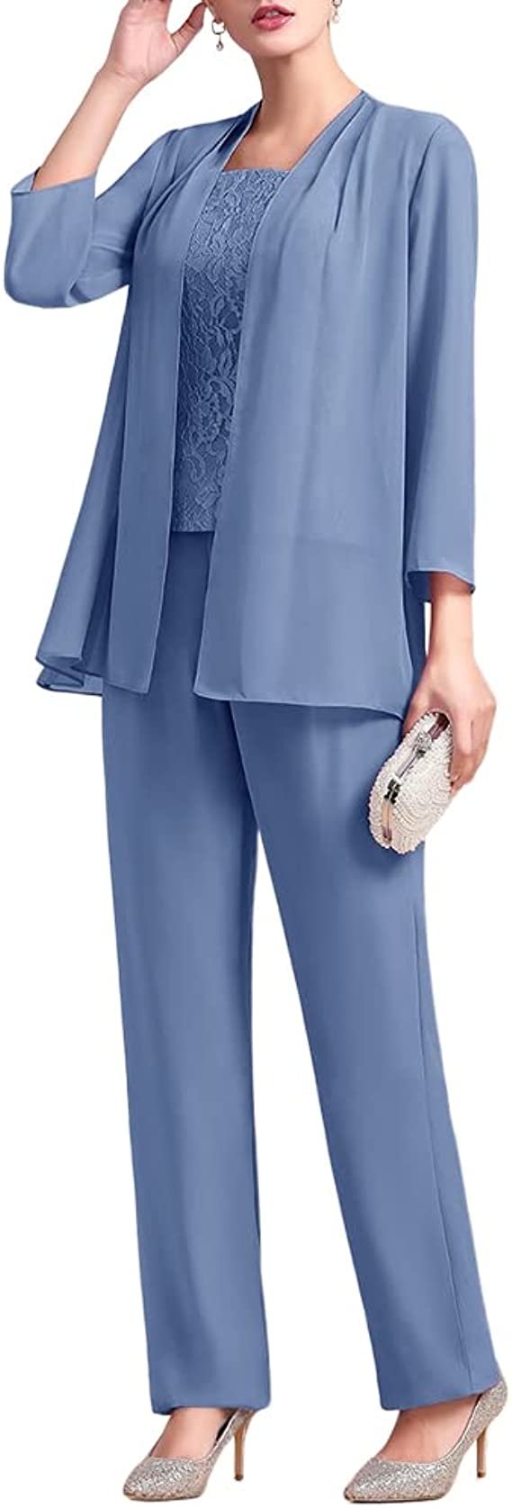Women's Chiffon 3 Pcs Pants Suits Lace Mother of Bride Dress Sets Wedding Guest Formal Evening